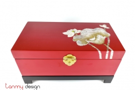 Red rectangle lacquer box hand-painted with lotus included with stand 18x35 cm